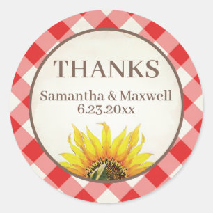 Red Gingham Sunflower Thank You Classic Round Sticker