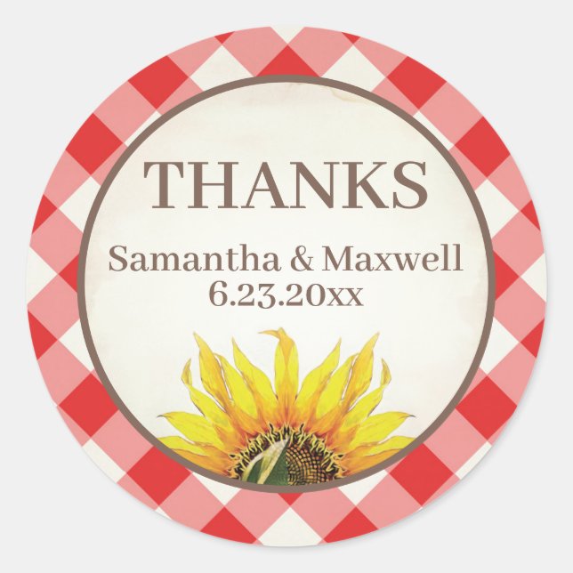 Red Gingham Sunflower Thank You Classic Round Sticker (Front)