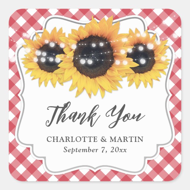 Red Gingham Sunflower Wedding Thank You Square Sticker (Front)