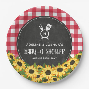 Red Gingham Sunflowers Chalkboard Baby-Q Shower Paper Plate