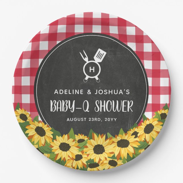 Red Gingham Sunflowers Chalkboard Baby-Q Shower Paper Plate (Front)