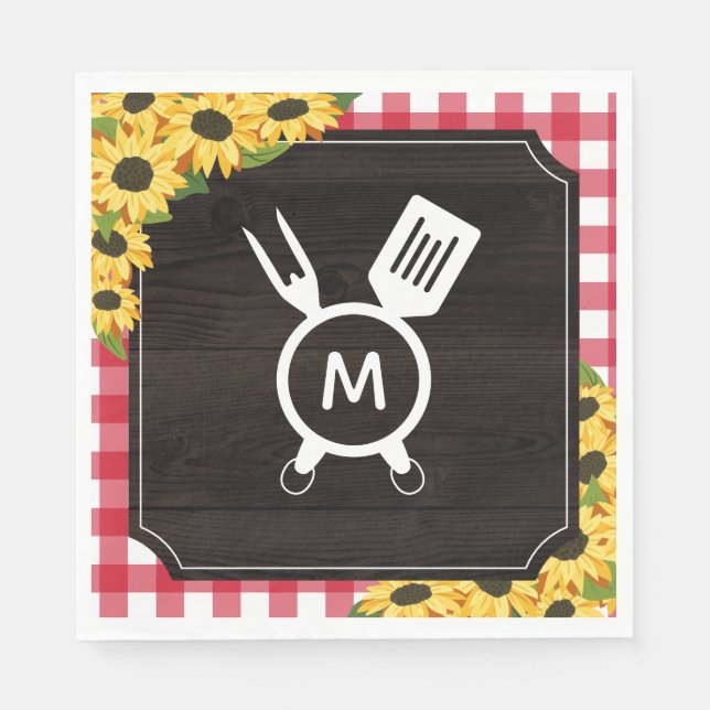 Red Gingham & Sunflowers Rustic Monogrammed BBQ Napkin (Front)