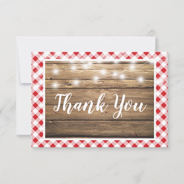 Red Gingham Thank You Rustic Wood Event Shower Card (Front)