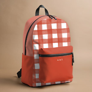 Red Gingham Watercolor Personalised Name Initials Printed Backpack