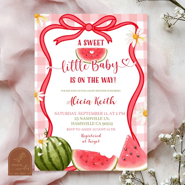 Red Gingham Watermelon Bow Summer Baby Shower Invi Invitation (Creator Uploaded)