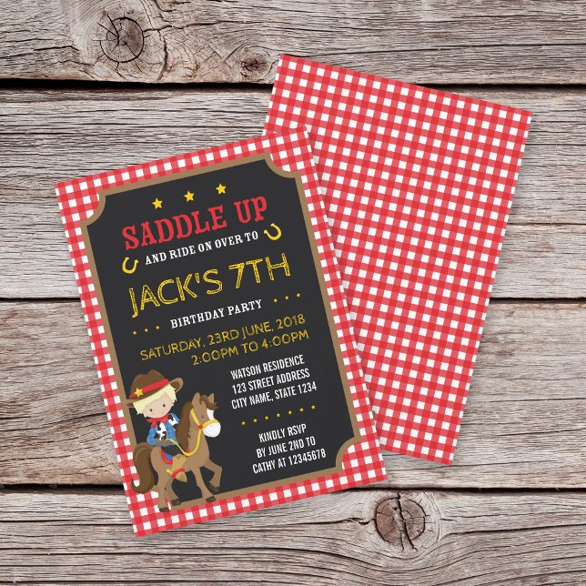 Red Gingham Wild West Cowboy Birthday Invitation (Creator Uploaded)