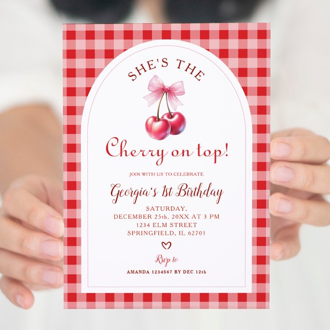 Red Gingham with Bow Cherry on Top Girl's Birthday Invitation (Creator Uploaded)