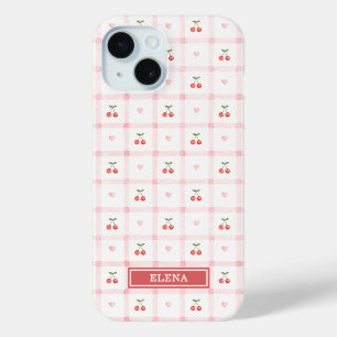 Red Gingham with Cherries and Bows Monogrammed iPhone 15 Case