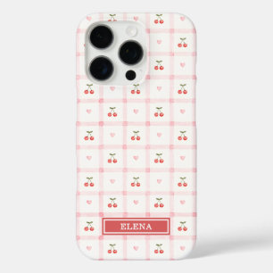 Red Gingham with Cherries and Bows Monogrammed iPhone 16 Pro Case