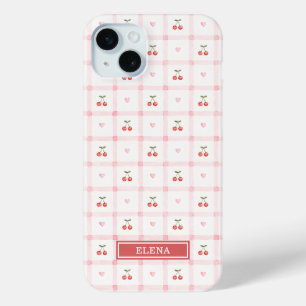 Red Gingham with Cherries and Bows Monogrammed iPhone 15 Mini Case