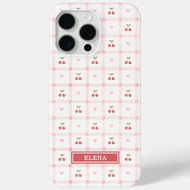 Red Gingham with Cherries and Bows Monogrammed Case-Mate iPhone Case (Back)