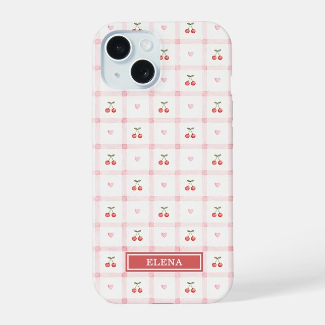 Red Gingham with Cherries and Bows Monogrammed iPhone 15 Case (Back)