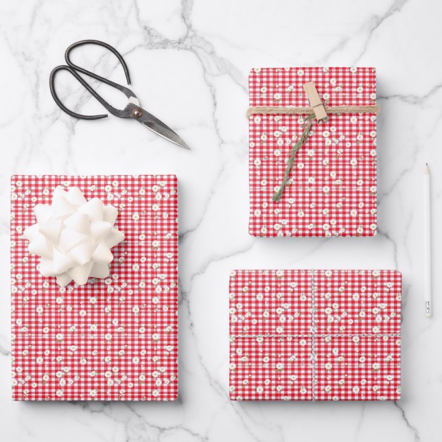 Red Gingham with Little White Daisies Wrapping Paper Sheet (Front)