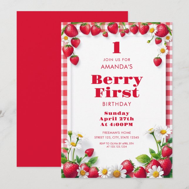 Red Gingham with Strawberries Baby Girl Birthday Invitation (Front/Back)
