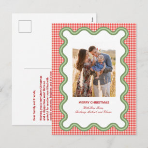 Red Gingham with Wavy Green Border Photo & Letter Holiday Postcard