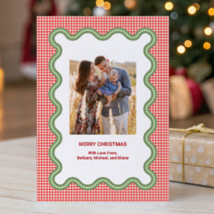 Red Gingham with Wavy Green Border Photo Seasonal Holiday Card