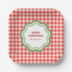 Red Gingham with Wavy Green Frame Personalised Paper Plate