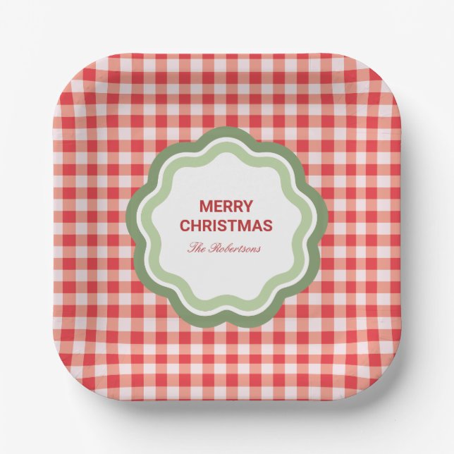 Red Gingham with Wavy Green Frame Personalised Paper Plate (Front)