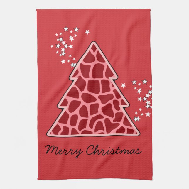 Red giraffe Christmas Tree Tea Towel (Vertical)