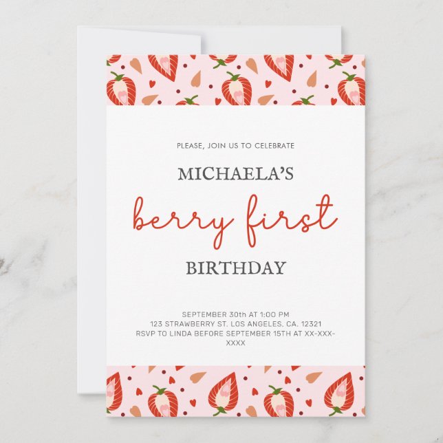 Red Girl Berry First Birthday Invitation (Front)