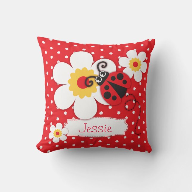 Red girls ladybug name flower polka dot pillow (Front)
