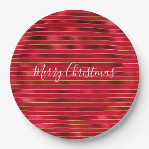 Red Glam Gold Stripes Paper Plate