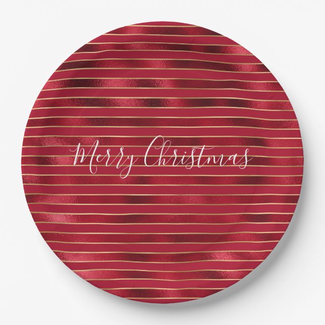 Red Glam Gold Stripes Paper Plate (Front)