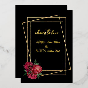Red Glam Roses and Black and Gold Foil Invitation