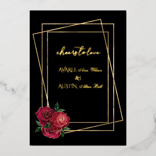 Red Glam Roses and Black and Gold Foil Invitation
