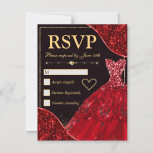 Red Glam Waves & Glitter Dress Sweet Sixteen RSVP Card