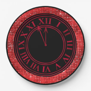 Red Glamourous Diamonds New Year's Clock Paper Plate