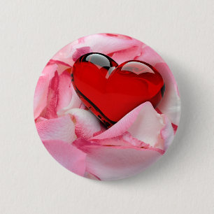 Red Glass Heart Rose Petals 6 Cm Round Badge