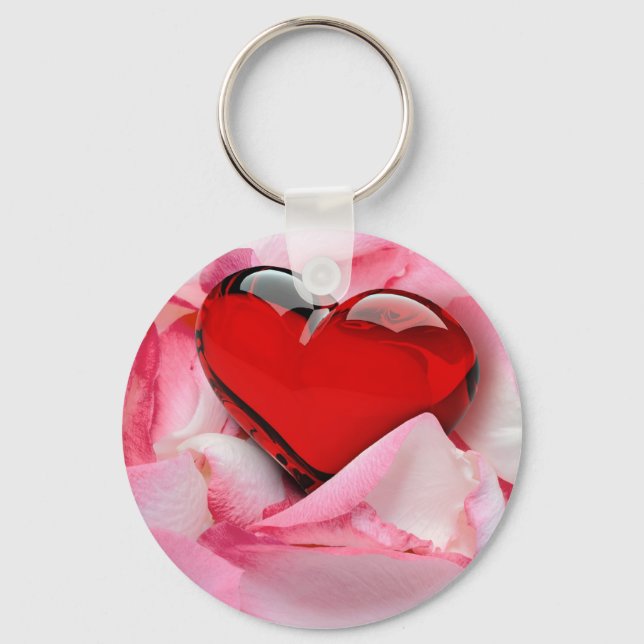 Red Glass Heart Rose Petals Key Ring (Front)