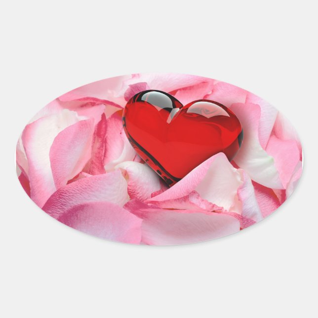 Red Glass Heart Rose Petals Oval Sticker (Front)