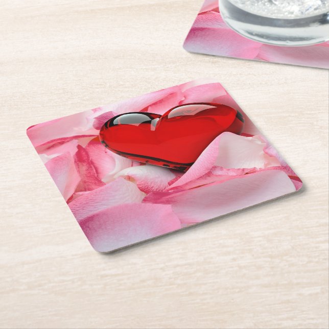 Red Glass Heart Rose Petals Square Paper Coaster (Angled)