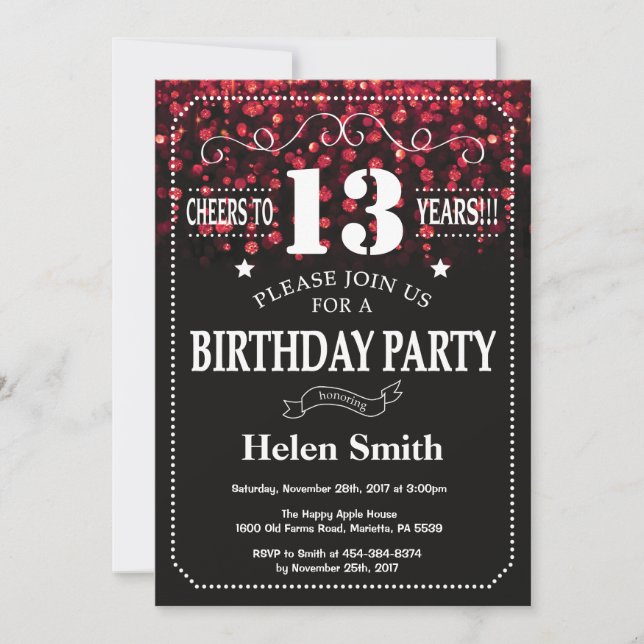 Red Glitter 13th Birthday Invitation (Front)
