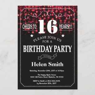 Red Glitter 16th Birthday Invitation