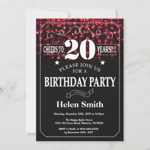 Red Glitter 20th Birthday Invitation