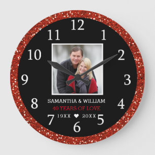 Red Glitter 40th Ruby Wedding Anniversary Photo Large Clock