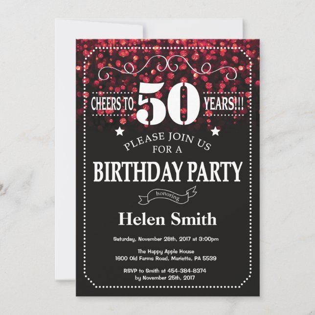 Red Glitter 50th Birthday Invitation (Front)