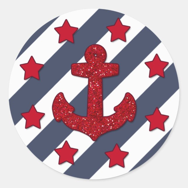 Red Glitter Anchor Round Sticker, Glossy Classic Round Sticker (Front)