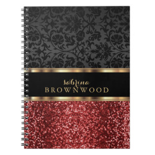 Red Glitter and Black Damask  Notebook