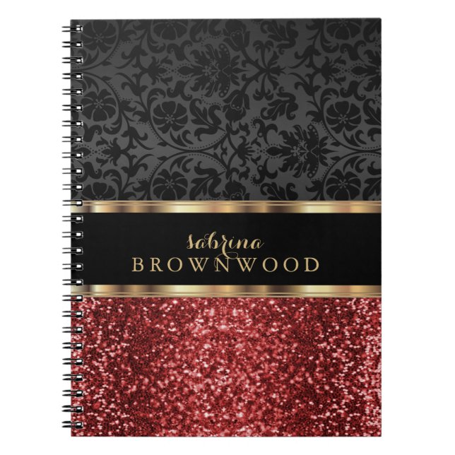 Red Glitter and Black Damask  Notebook (Front)