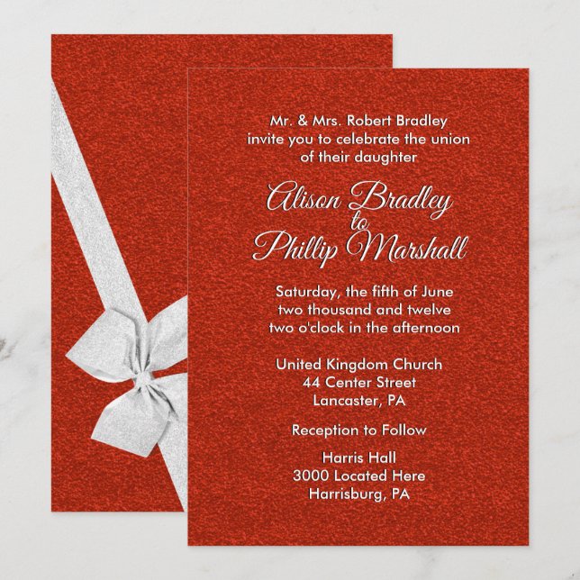 Red Glitter and Bow Wedding Invitation 5"x 7" (Front/Back)