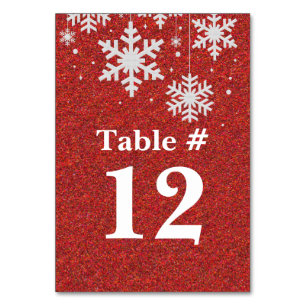 Red Glitter and Snowflakes Holiday Table Number