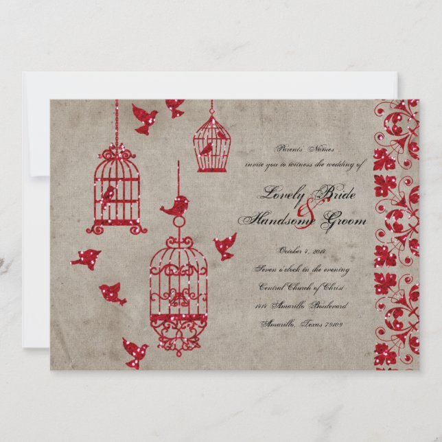 Red Glitter Birds Old Paper Wedding Invitation (Front)