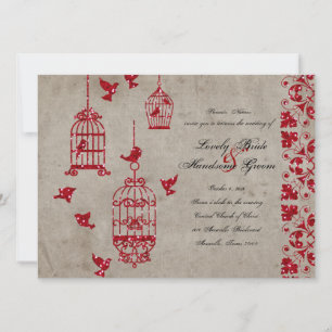 Red Glitter Birds Old Paper Wedding Invitation