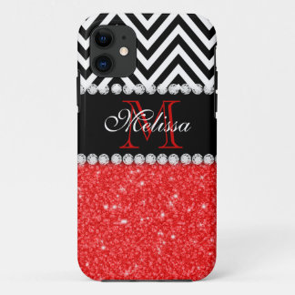 RED GLITTER BLACK CHEVRON MONOGRAMMED iPhone 11 CASE