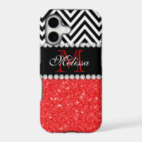 RED GLITTER BLACK CHEVRON STRIPES MONOGRAM