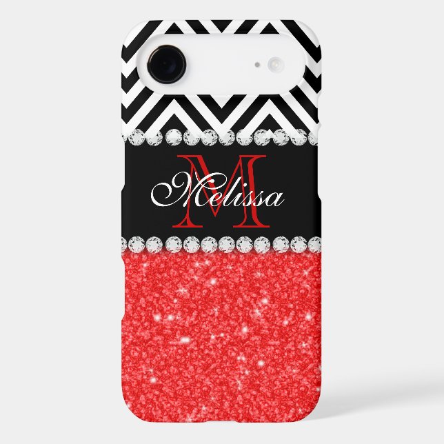 RED GLITTER BLACK CHEVRON STRIPES MONOGRAM Case-Mate iPhone CASE (Back)